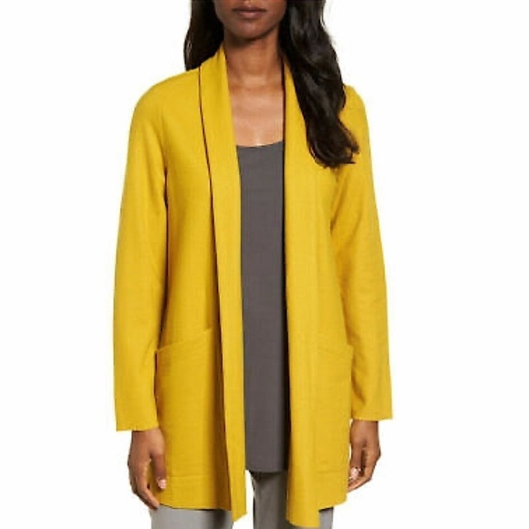 Eileen Fisher Sweaters - Eileen Fisher Wool Cardigan XS Mustard Yellow Pockets Collar Neutral Office Boho